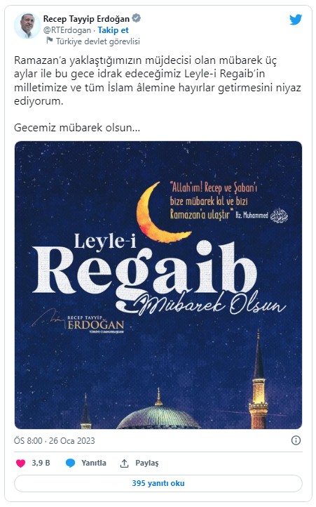 Başkan Erdoğan'dan Regaip Kandili mesajı...